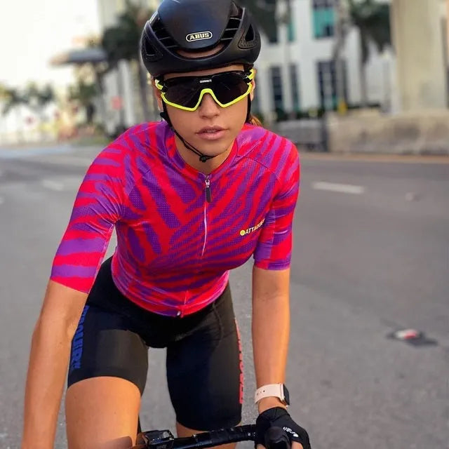 Attaquer women's long sleeve cycling jersey with coloured arm detail, shown in a bright colour option.