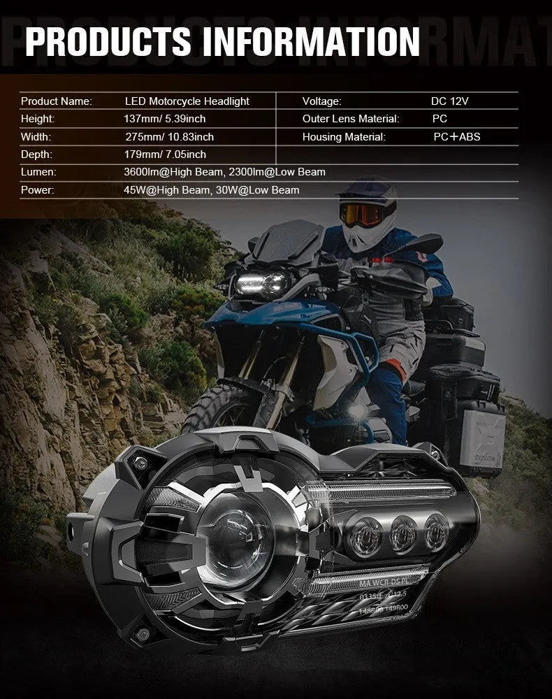 Black background LED motorcycle headlight unit showing front lens and housing.