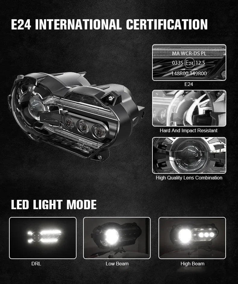 Black background LED motorcycle headlight unit showing front lens and housing.