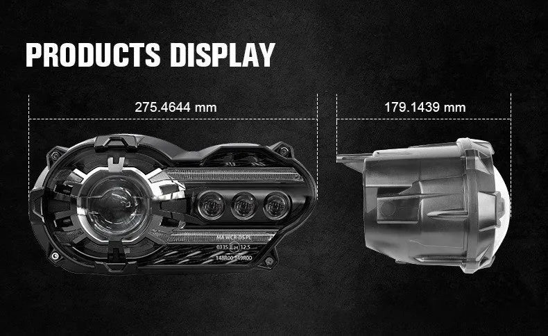 Black background LED motorcycle headlight unit showing front lens and housing.