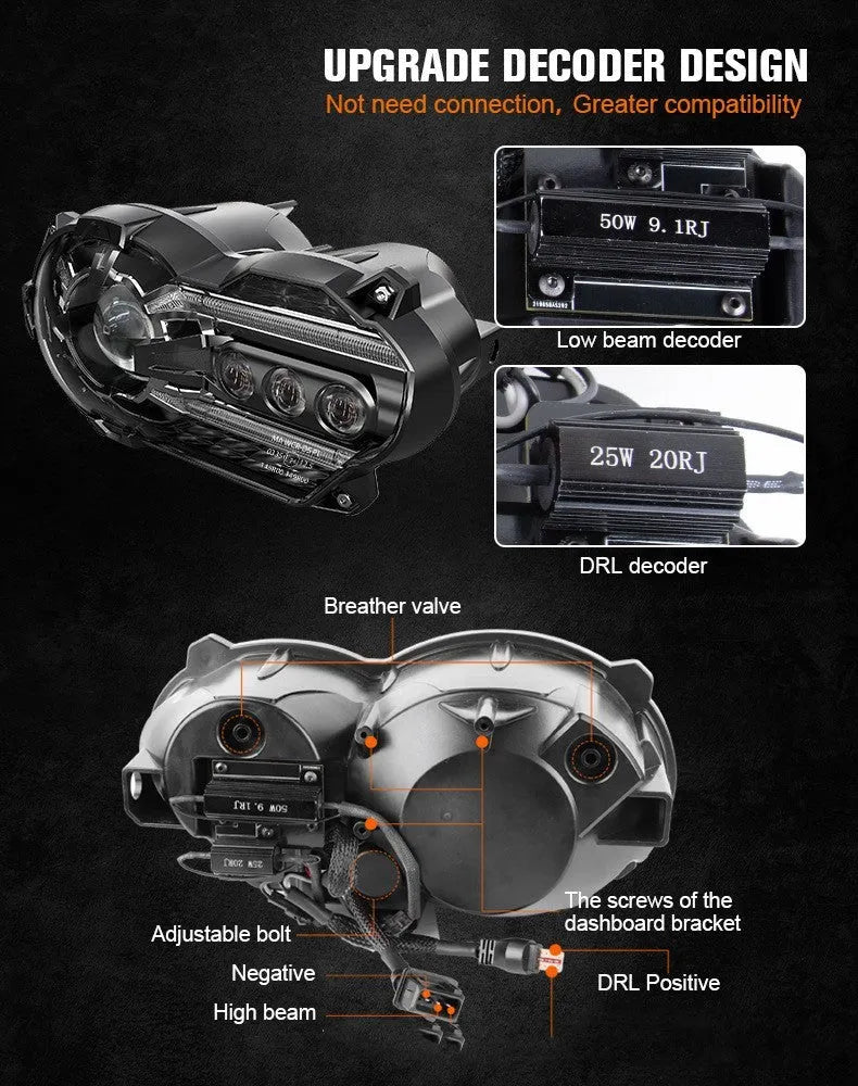 Black background LED motorcycle headlight unit showing front lens and housing.