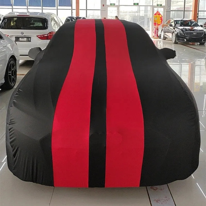 Elastic silk polyester fibre car cover fitted on Ford Mustang vehicle showing stretch-fit design