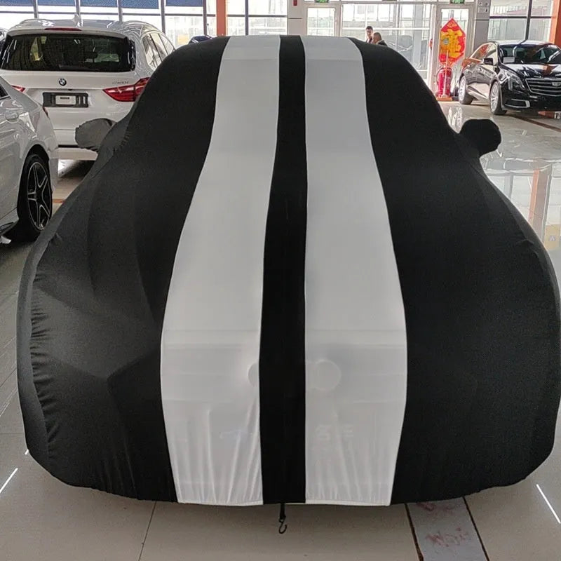 Elastic silk polyester fibre car cover fitted on Ford Mustang vehicle showing stretch-fit design