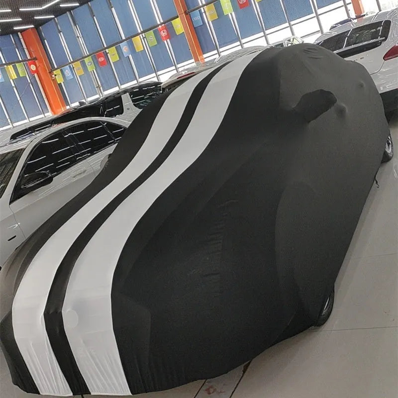 Elastic silk polyester fibre car cover fitted on Ford Mustang vehicle showing stretch-fit design