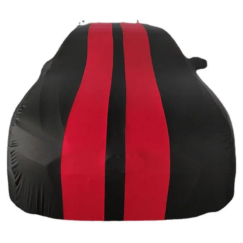 Elastic silk polyester fibre car cover fitted on Ford Mustang vehicle showing stretch-fit design