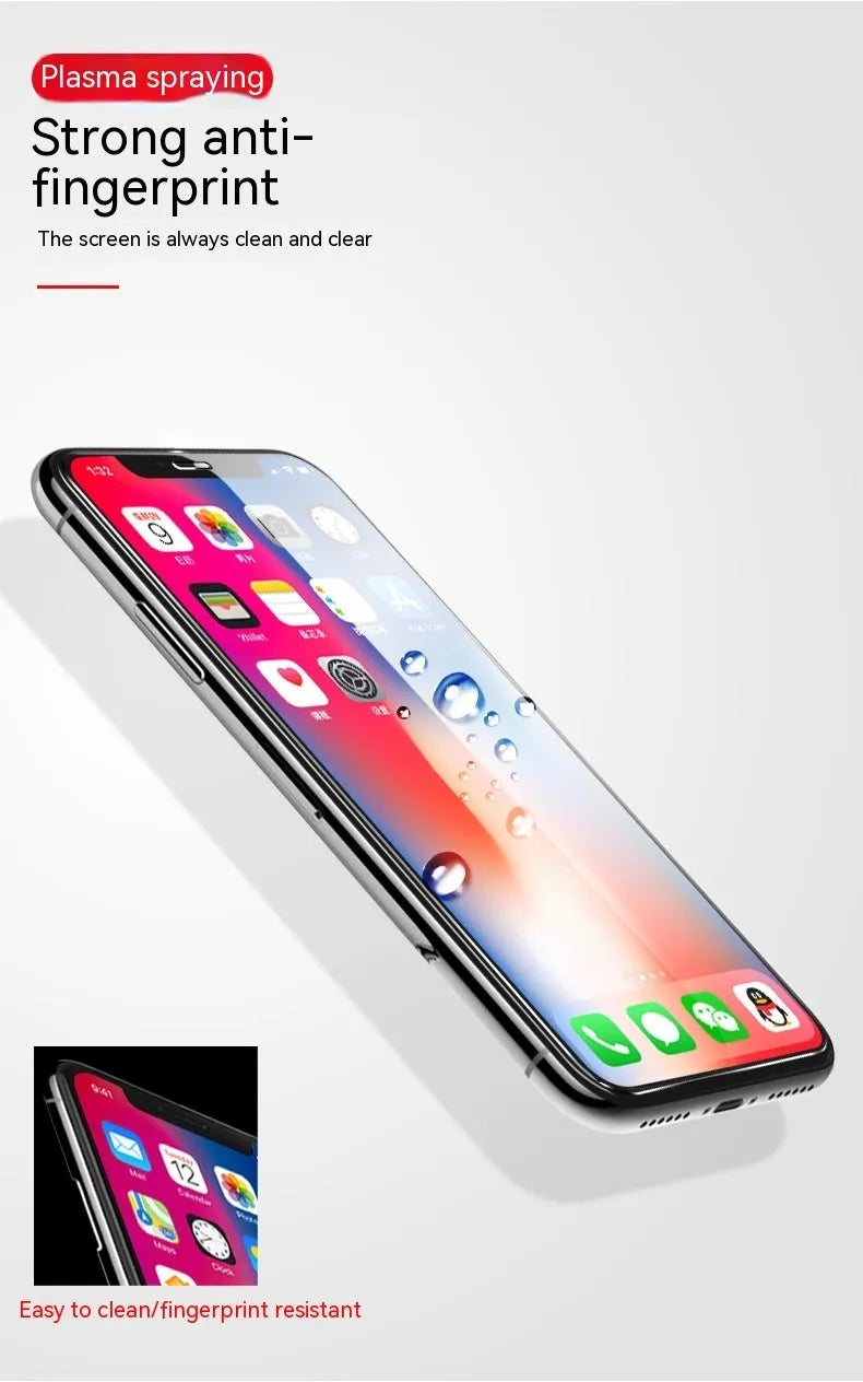 Samsung phone tempered glass screen protector showing fullscreen coverage and anti-fingerprint surface.