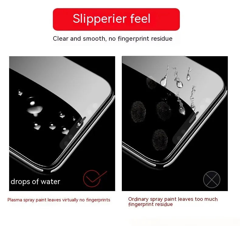 Samsung phone tempered glass screen protector showing fullscreen coverage and anti-fingerprint surface.