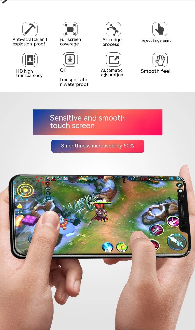 Samsung phone tempered glass screen protector showing fullscreen coverage and anti-fingerprint surface.