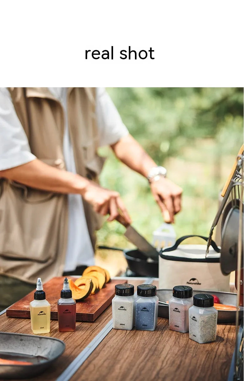 Naturehike six-piece set of simple white portable plastic seasoning bottles for outdoor use.