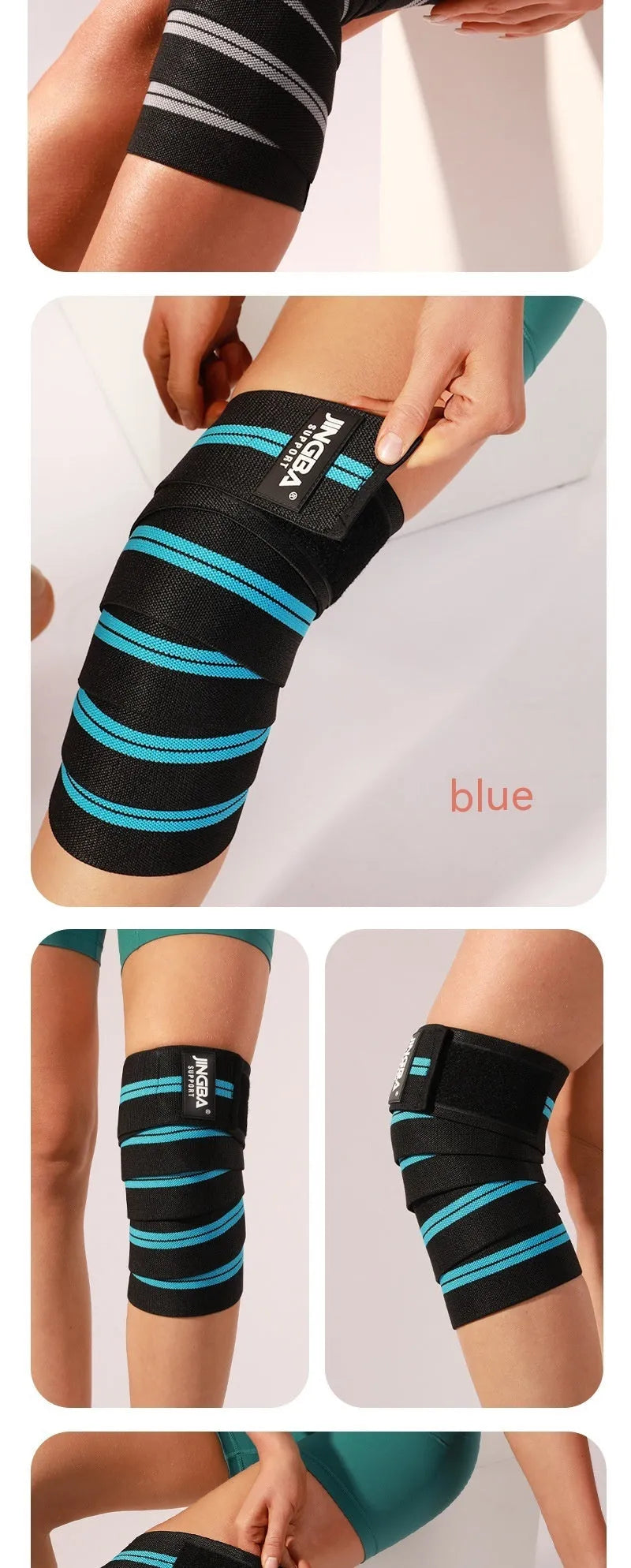 Adjustable knee pads for weightlifting and sports in blue, grey, red, or yellow colours