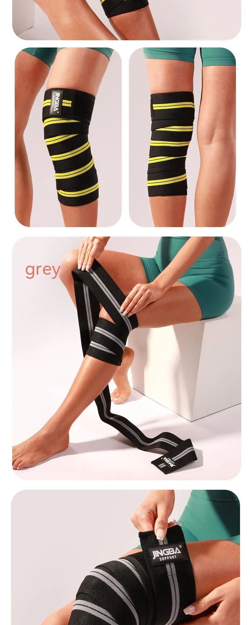 Adjustable knee pads for weightlifting and sports in blue, grey, red, or yellow colours