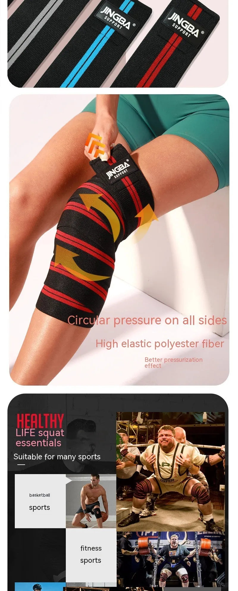 Adjustable knee pads for weightlifting and sports in blue, grey, red, or yellow colours