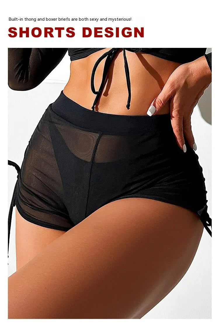 Black mesh bikini four-piece swimsuit set with long sleeves and briefs style for women