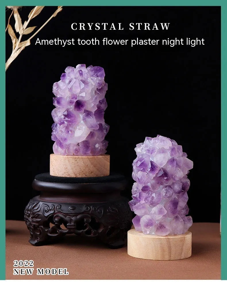 Small amethyst crystal night light with natural tooth flower formations and USB cable