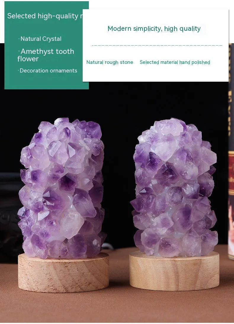 Small amethyst crystal night light with natural tooth flower formations and USB cable