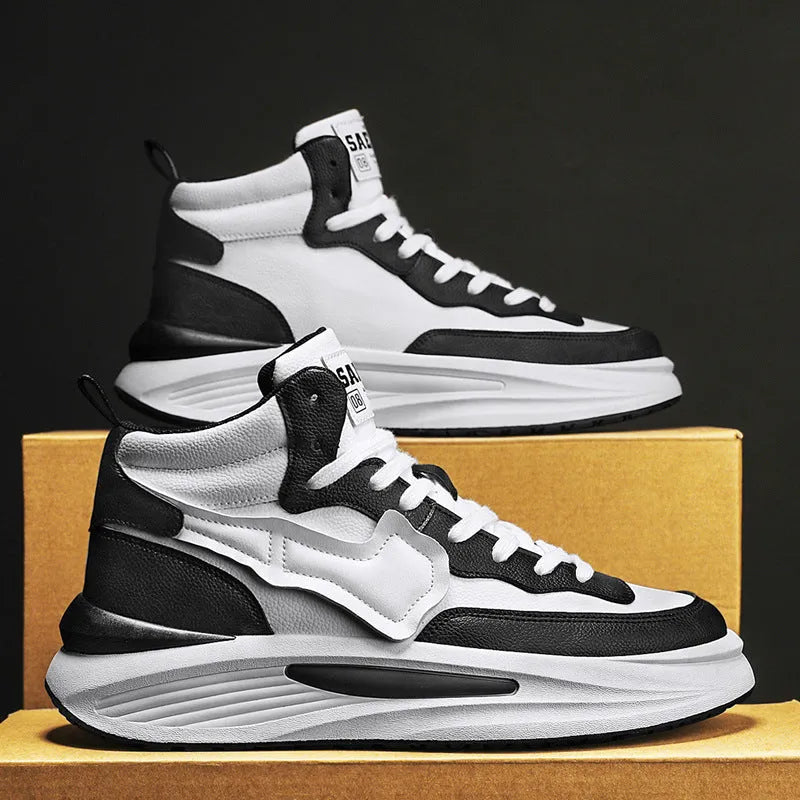 Men's black and white platform high-top board shoes with round toe and PU leather upper