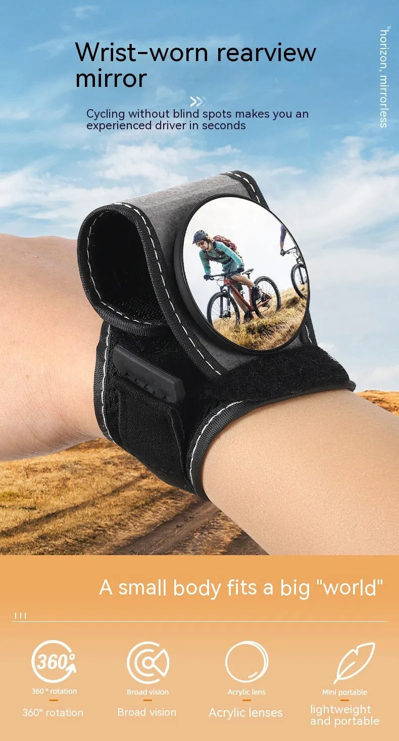 Black nylon bicycle rear-view mirror shown mounted on a cyclist's wrist.