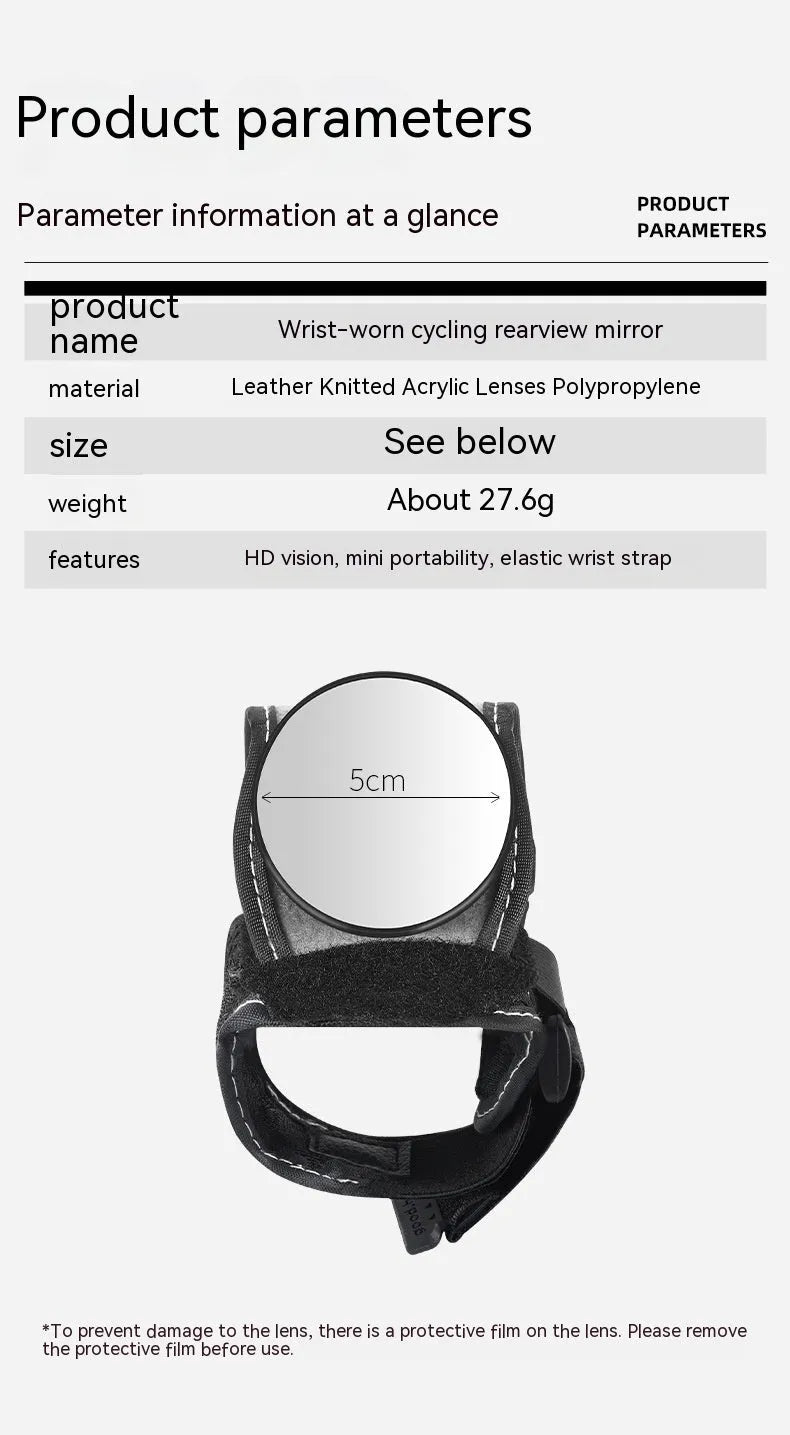 Black nylon bicycle rear-view mirror shown mounted on a cyclist's wrist.