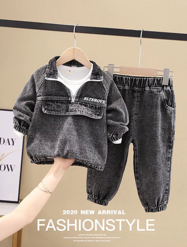Boys wearing a black or blue denim two-piece suit set with long sleeves, Korean style.