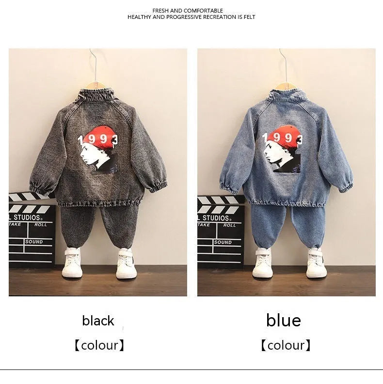 Boys wearing a black or blue denim two-piece suit set with long sleeves, Korean style.