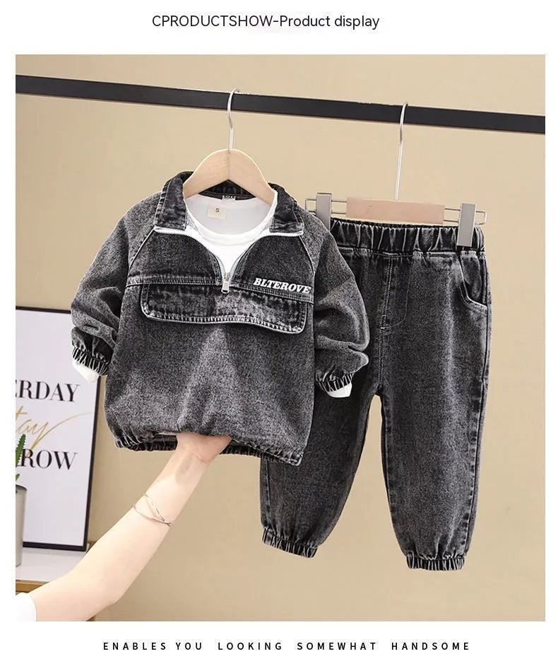 Boys wearing a black or blue denim two-piece suit set with long sleeves, Korean style.