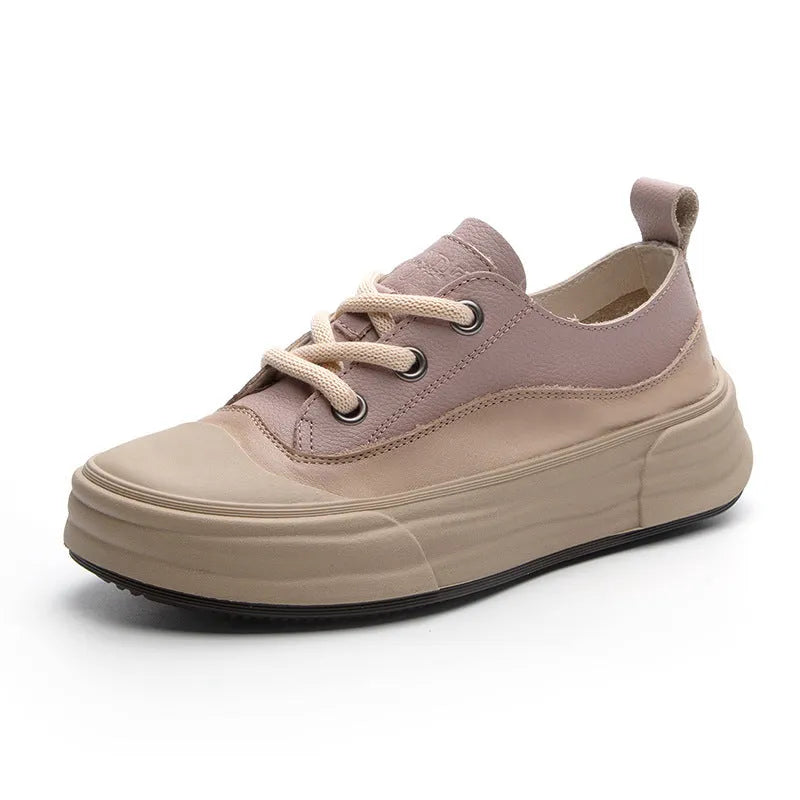 Women's leather platform sneakers in matcha green, purple and orange colours showing front lace-up design