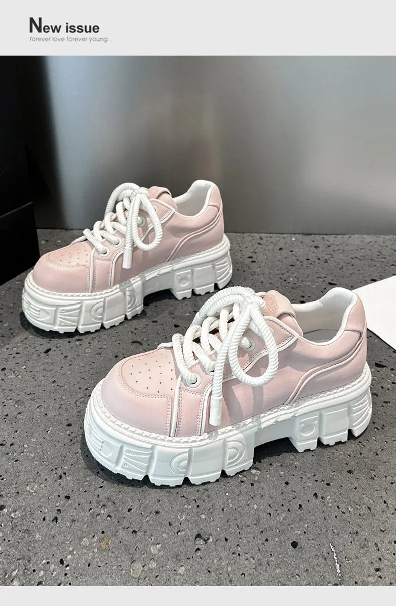 Women's beige and pink muffin bottom casual leather shoes with height-increasing design