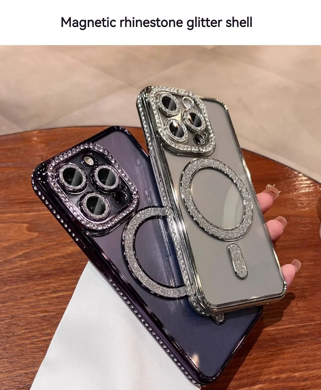 Magnetic transparent TPU phone case with edge drill design and frosted finish in champagne gold