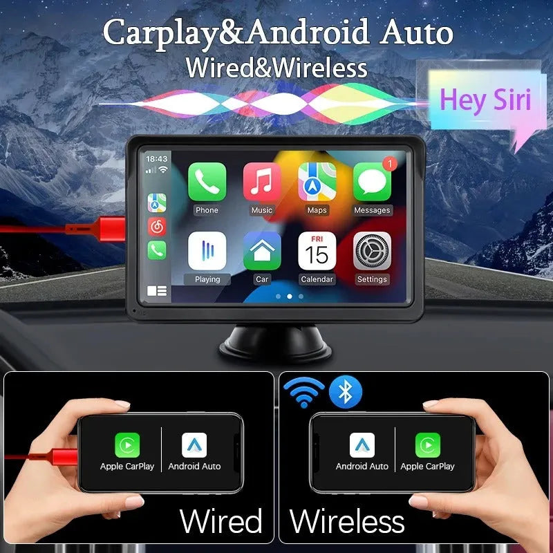 7-inch car display screen for wireless CarPlay and Android Auto on a dashboard