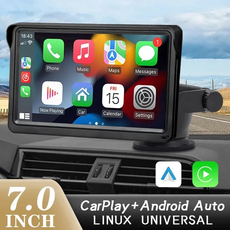 7-inch car display screen for wireless CarPlay and Android Auto on a dashboard