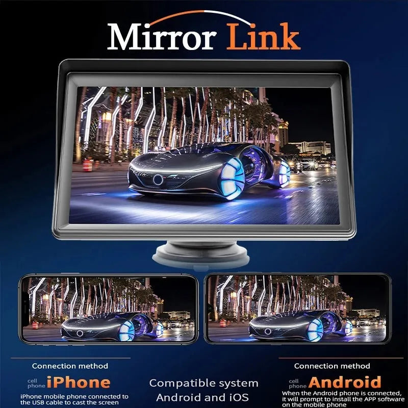 7-inch car display screen for wireless CarPlay and Android Auto on a dashboard