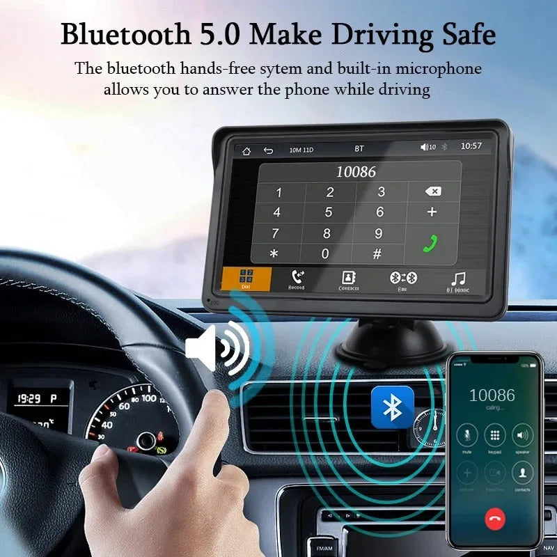 7-inch car display screen for wireless CarPlay and Android Auto on a dashboard