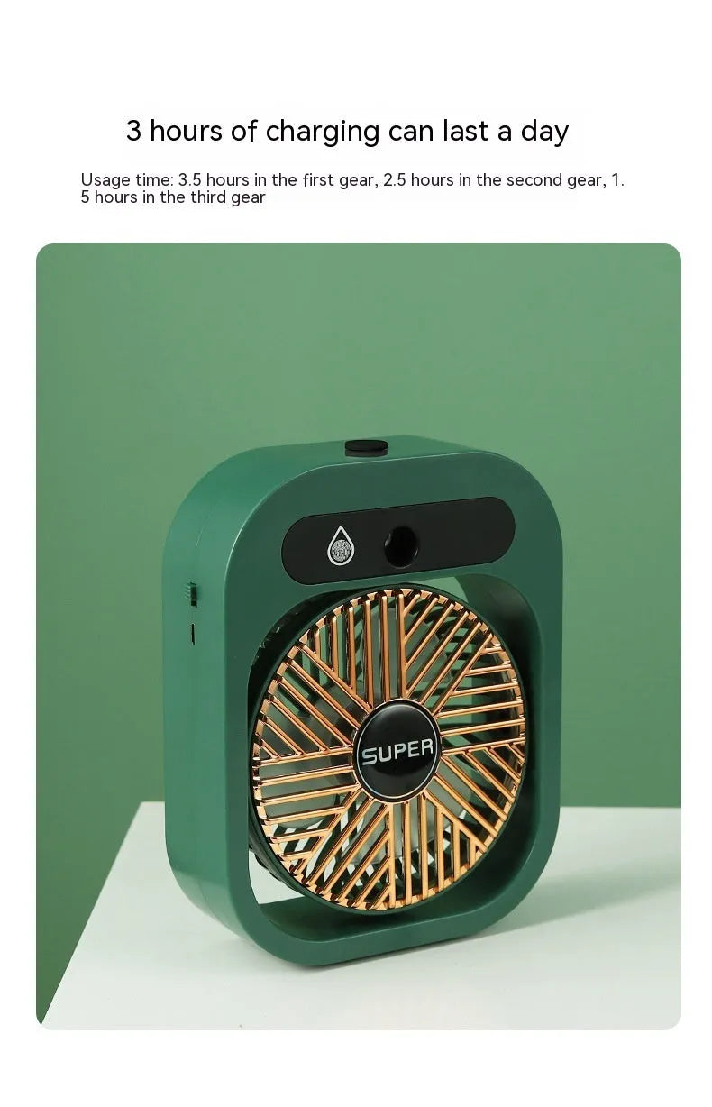 Green and white USB portable desk misting fan with humidifier function and adjustable wind direction