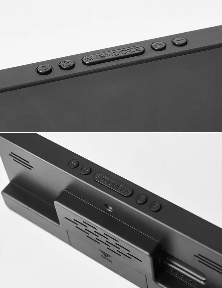 Large screen electronic LED alarm clock showing time and temperature, in a black acrylic casing.