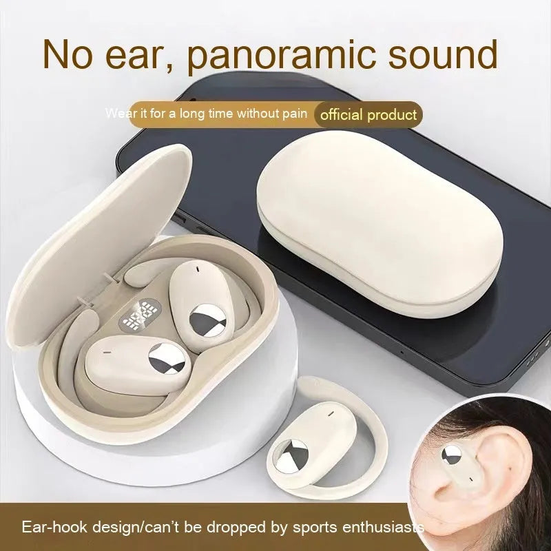 Black wireless bone conduction ear hook headset, open non in-ear sports Bluetooth design with digital display