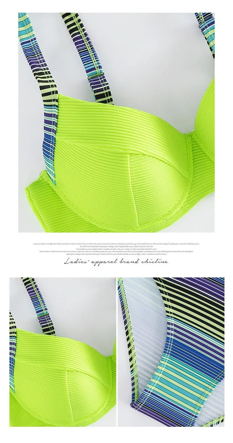 Green printed women's halter bikini set with briefs bottom