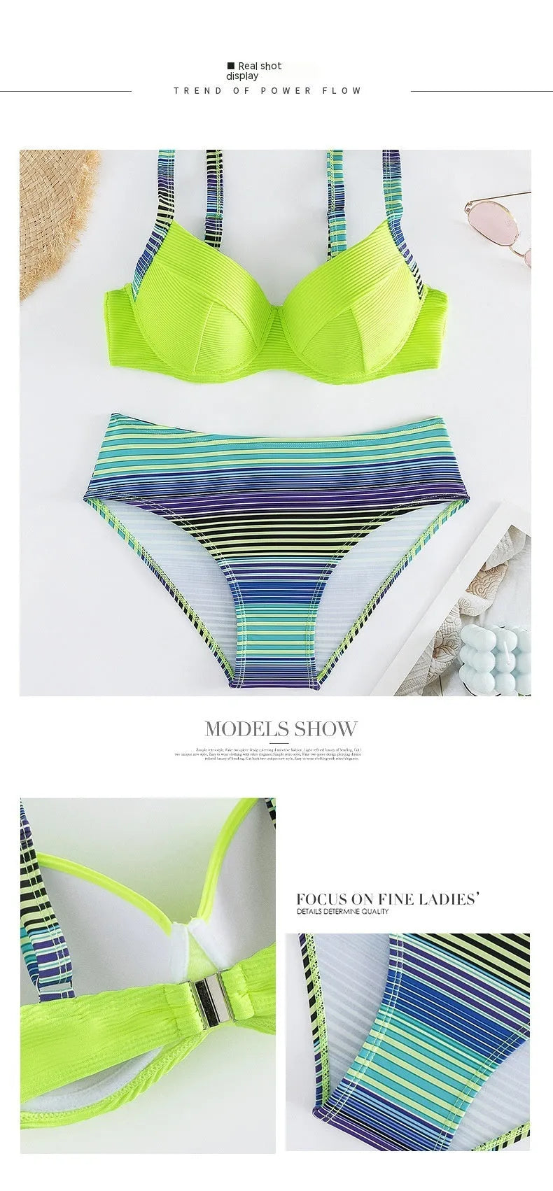 Green printed women's halter bikini set with briefs bottom