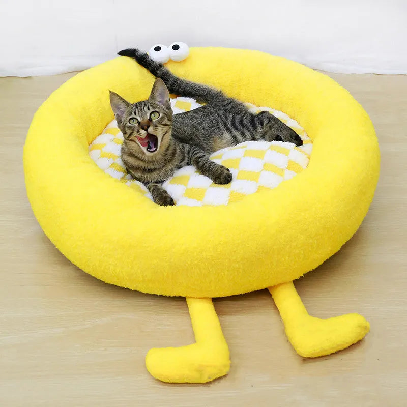 Plush round pet nest bed for small dogs in black, pink, or yellow colours