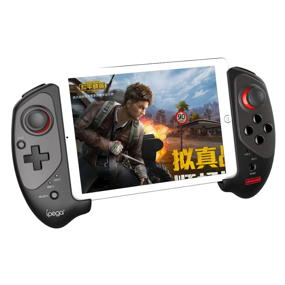 Red telescopic gamepad controller extended with smartphone, USB cable included