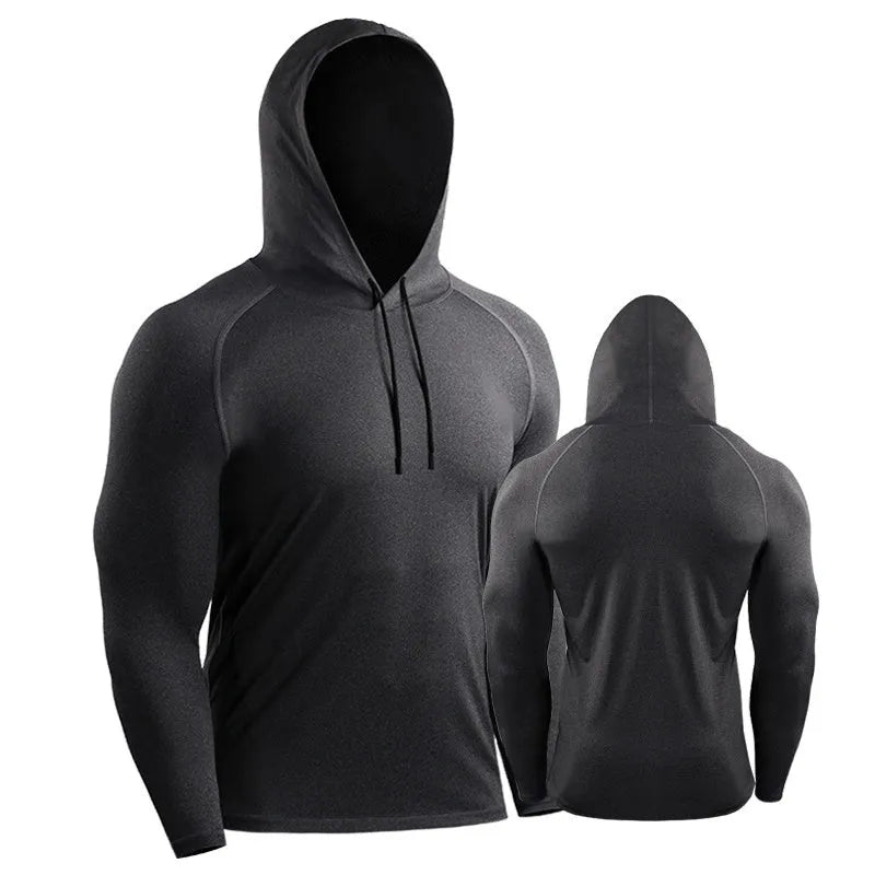 Slim long sleeve hooded quick-drying workout top for running and basketball in black, grey, white, red, navy, dark gray, light green