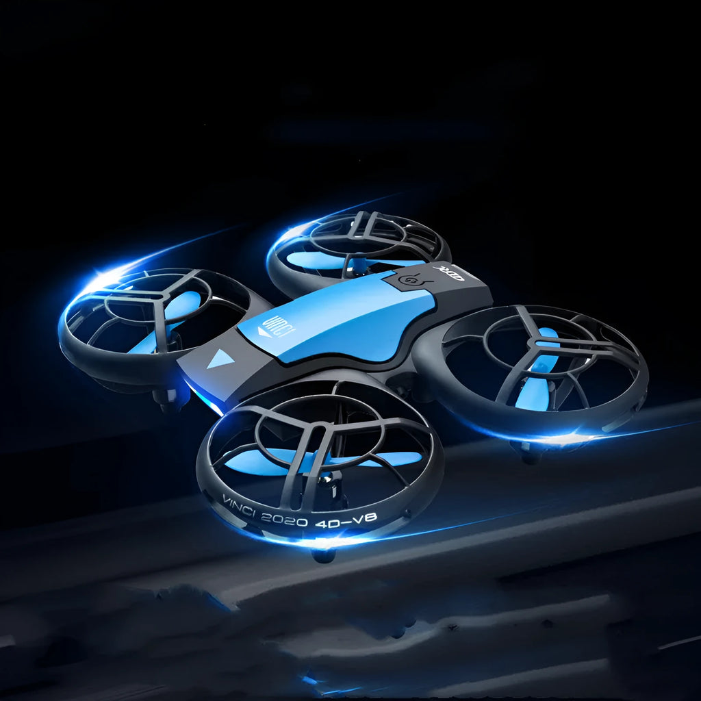 Blue V8 mini quadcopter RC drone with propellers, shown next to its remote control and storage net bag.
