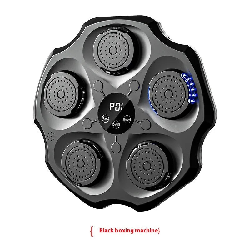 Black hanging boxing wall target with Bluetooth logo and included boxing gloves on a home wall.