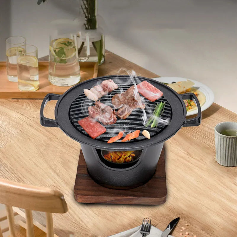 Mini BBQ grill alcohol stove double heads black 18x18x2cm on table with anti-stick plate