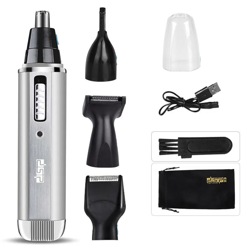 Blue, black, and silver electric shaver for trimming beard, sideburns, and nose hair.