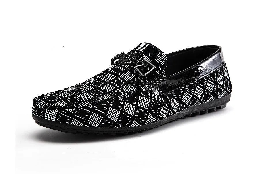 Men's plaid slip-on shoes with artificial PU uppers, flat heel, and cotton lining in black colour