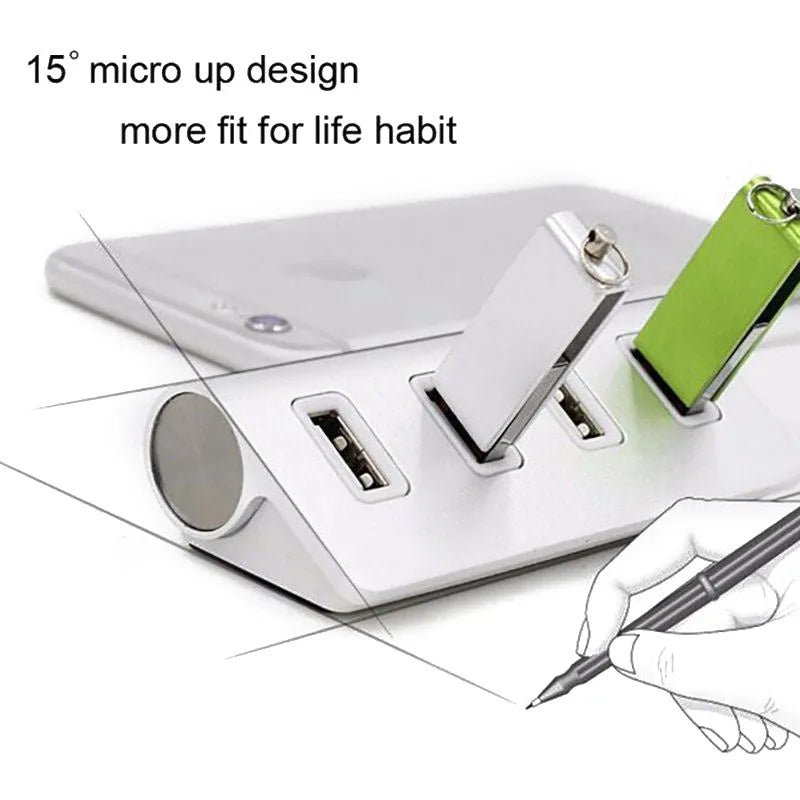 Silver USB-C to 4-Port USB 2.0 hub with aluminium alloy body on white background