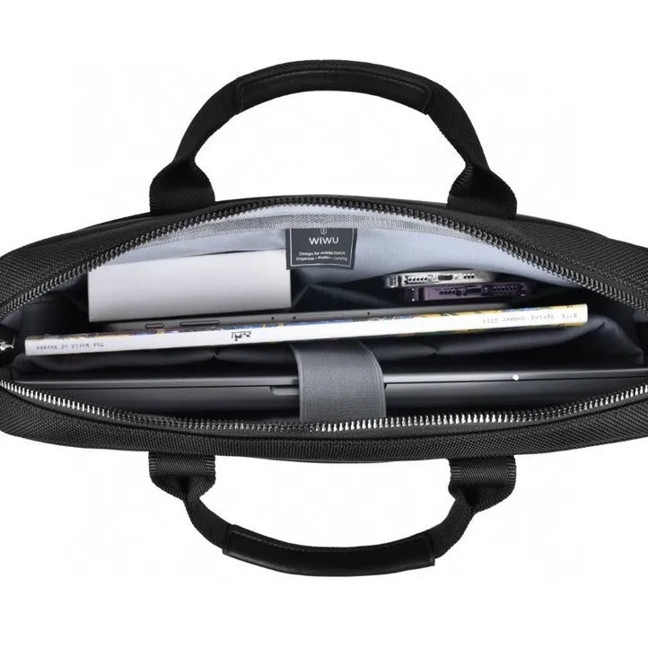 Black Oxford cloth laptop handbag with multiple pockets and compartments for a 14 or 15.6-inch computer.