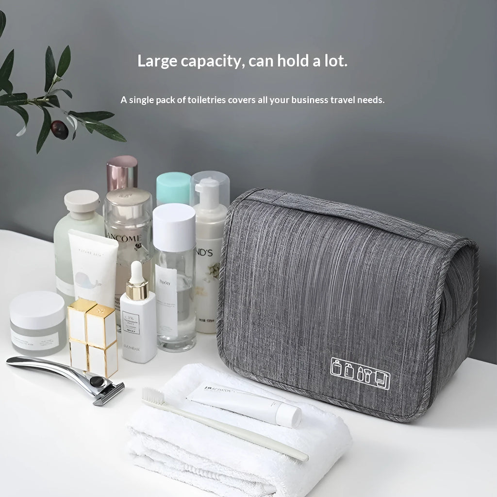 Cube-shaped cationic hanging toiletry bag in gray with metal hook, matte finish, and dry-wet separation compartments