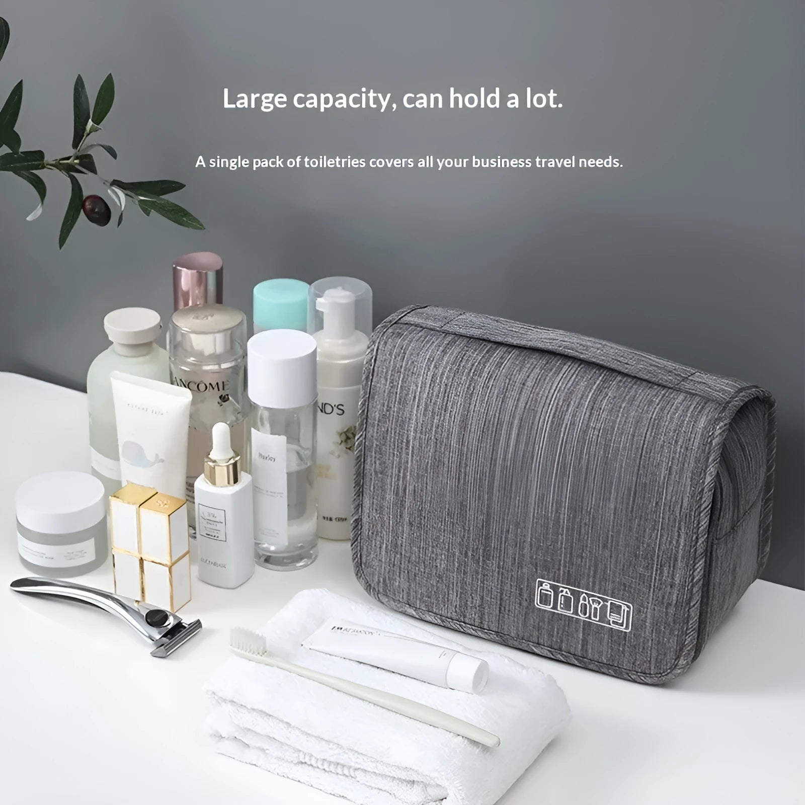 Cube-shaped cationic hanging toiletry bag in gray with metal hook, matte finish, and dry-wet separation compartments