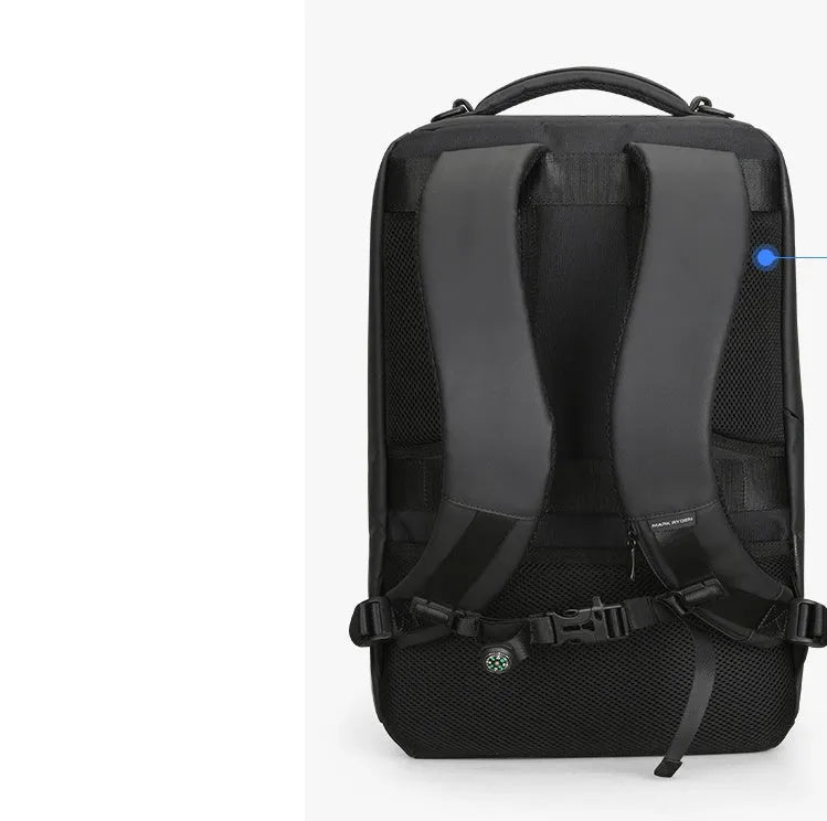 Black Oxford cloth backpack with USB charging port and 108° opening design, 20-35L capacity